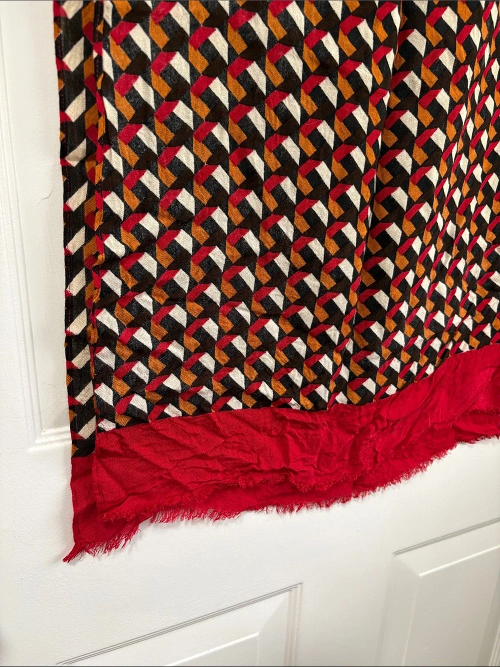 Geometric Print Scarf with Red Fringe